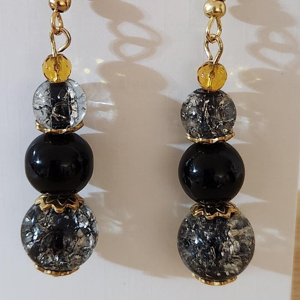 Hand Crafted Earrings Black Gold Pierced Dangle 1.5"